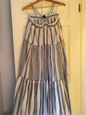 J. Crew Blue and White Striped Tiered Maxi Dress